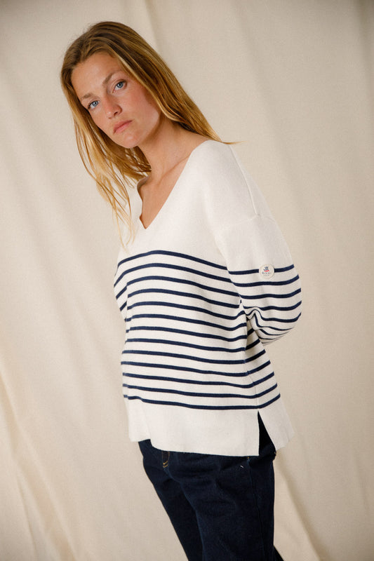 Two-tone striped v-neck sweater