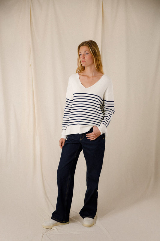 Two-tone striped v-neck sweater