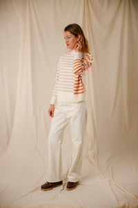 Pull tricolore Eulalie Écru Craie Aurore femme, col marin mérinos boutons bois Royal Mer
