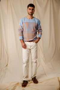 Marinière Flo bleu persico orange tramonto col bateau coton égyptien homme femme Royal Mer