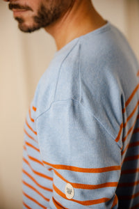 Marinière Flo bleu persico orange tramonto col bateau coton égyptien homme femme Royal Mer