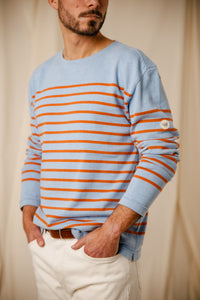 Marinière Flo bleu persico orange tramonto col bateau coton égyptien homme femme Royal Mer