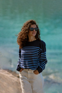 Marinière Flo marine bleu persico col bateau coton égyptien homme femme Royal Mer