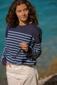 Marinière Flo marine bleu persico col bateau coton égyptien homme femme Royal Mer