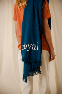 Fouta Royal marine coton doublé éponge broderie franges 100x190 Royal Mer
