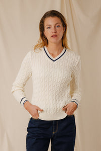 Pull à torsades col V Gemma écru à rayure marine femme, 100 % laine mérinos Royal Mer