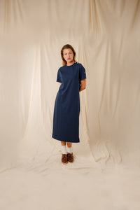Robe femme Isee marine col marin coton boutons nacre fente latérale Royal Mer