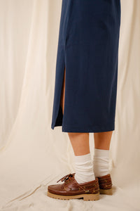 Robe femme Isee marine col marin coton boutons nacre fente latérale Royal Mer