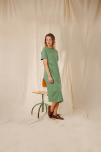 Robe femme Isee sauge col marin coton boutons nacre fente latérale Royal Mer