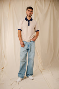 Polo Joss beige argento col marine coton égyptien boutons nacre Royal Mer