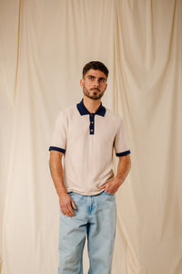 Polo Joss beige argento col marine coton égyptien boutons nacre Royal Mer