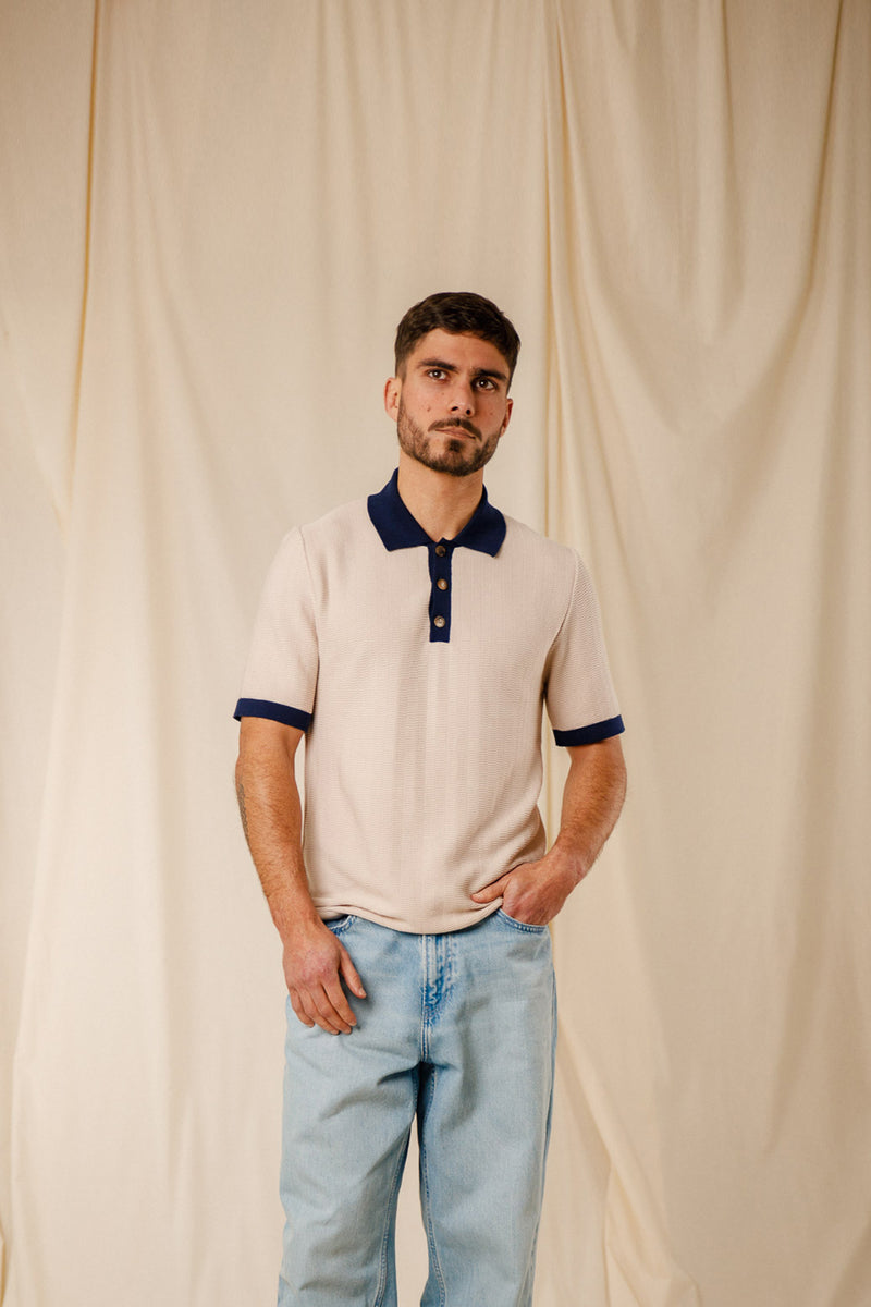 Polo Joss beige argento col marine coton égyptien boutons nacre Royal Mer
