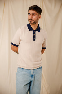 Polo Joss beige argento col marine coton égyptien boutons nacre Royal Mer