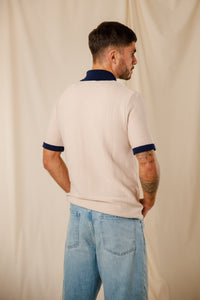 Polo Joss beige argento col marine coton égyptien boutons nacre Royal Mer