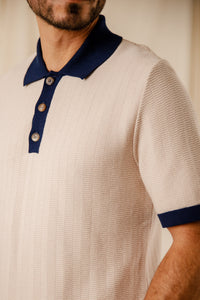 Polo Joss beige argento col marine coton égyptien boutons nacre Royal Mer