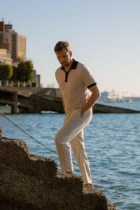 Polo Joss beige argento col marine coton égyptien boutons nacre Royal Mer