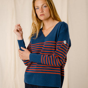 Pull rayé col v