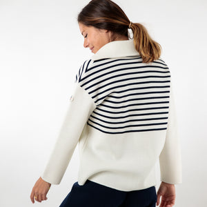 Two-tone striped sweater with peacock collar