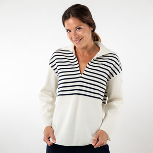 Two-tone striped sweater with peacock collar