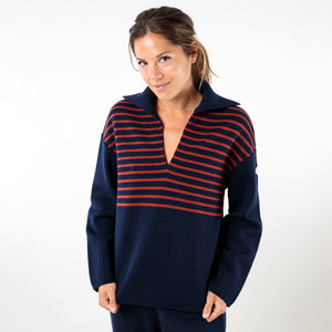 Two-tone striped sweater with peacock collar