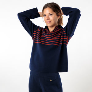 Two-tone striped sweater with peacock collar