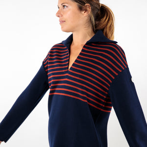 Two-tone striped sweater with peacock collar