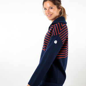 Two-tone striped sweater with peacock collar