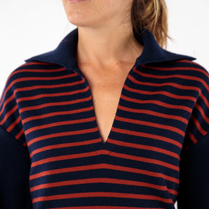 Two-tone striped sweater with peacock collar