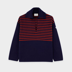 Two-tone striped sweater with peacock collar