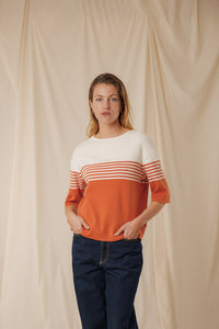 Pull femme rayé Morwena aurore tramonto écru coton égyptien côte 1/1 encolure bateau Royal Mer