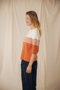 Pull femme rayé Morwena aurore tramonto écru coton égyptien côte 1/1 encolure bateau Royal Mer