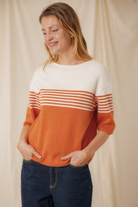 Pull femme rayé Morwena aurore tramonto écru coton égyptien côte 1/1 encolure bateau Royal Mer
