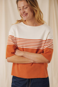 Pull femme rayé Morwena aurore tramonto écru coton égyptien côte 1/1 encolure bateau Royal Mer