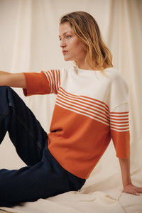 Pull femme rayé Morwena aurore tramonto écru coton égyptien côte 1/1 encolure bateau Royal Mer