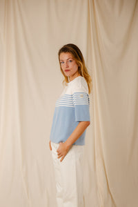 Pull femme rayé Morwena bleu persico écru coton égyptien côte 1/1 encolure bateau Royal Mer