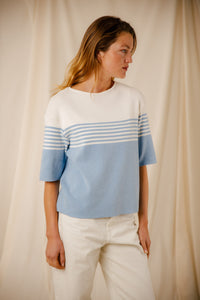 Pull femme rayé Morwena bleu persico écru coton égyptien côte 1/1 encolure bateau Royal Mer