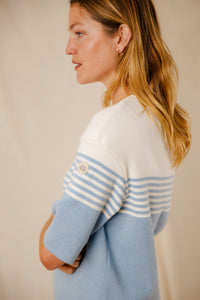 Pull femme rayé Morwena bleu persico écru coton égyptien côte 1/1 encolure bateau Royal Mer