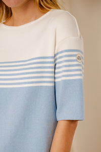 Pull femme rayé Morwena bleu persico écru coton égyptien côte 1/1 encolure bateau Royal Mer