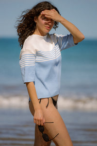 Pull femme rayé Morwena bleu persico écru coton égyptien côte 1/1 encolure bateau Royal Mer