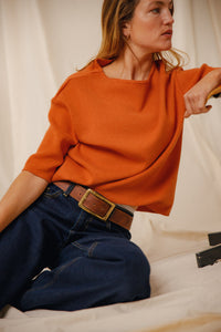 Pull femme uni Morwena aurore tramonto coton égyptien côte 1/1 encolure bateau Royal Mer