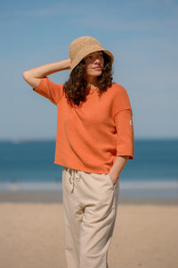 Pull femme uni Morwena aurore tramonto coton égyptien côte 1/1 encolure bateau Royal Mer