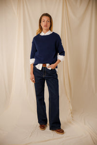 Pull femme uni Morwena marine coton égyptien côte 1/1 encolure bateau Royal Mer