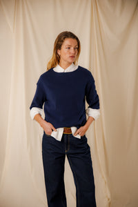 Pull femme uni Morwena marine coton égyptien côte 1/1 encolure bateau Royal Mer