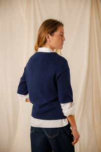 Pull femme uni Morwena marine coton égyptien côte 1/1 encolure bateau Royal Mer