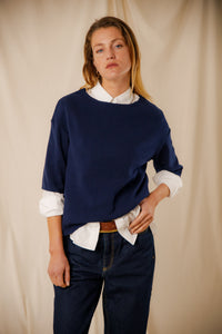 Pull femme uni Morwena marine coton égyptien côte 1/1 encolure bateau Royal Mer