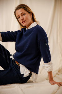 Pull femme uni Morwena marine coton égyptien côte 1/1 encolure bateau Royal Mer