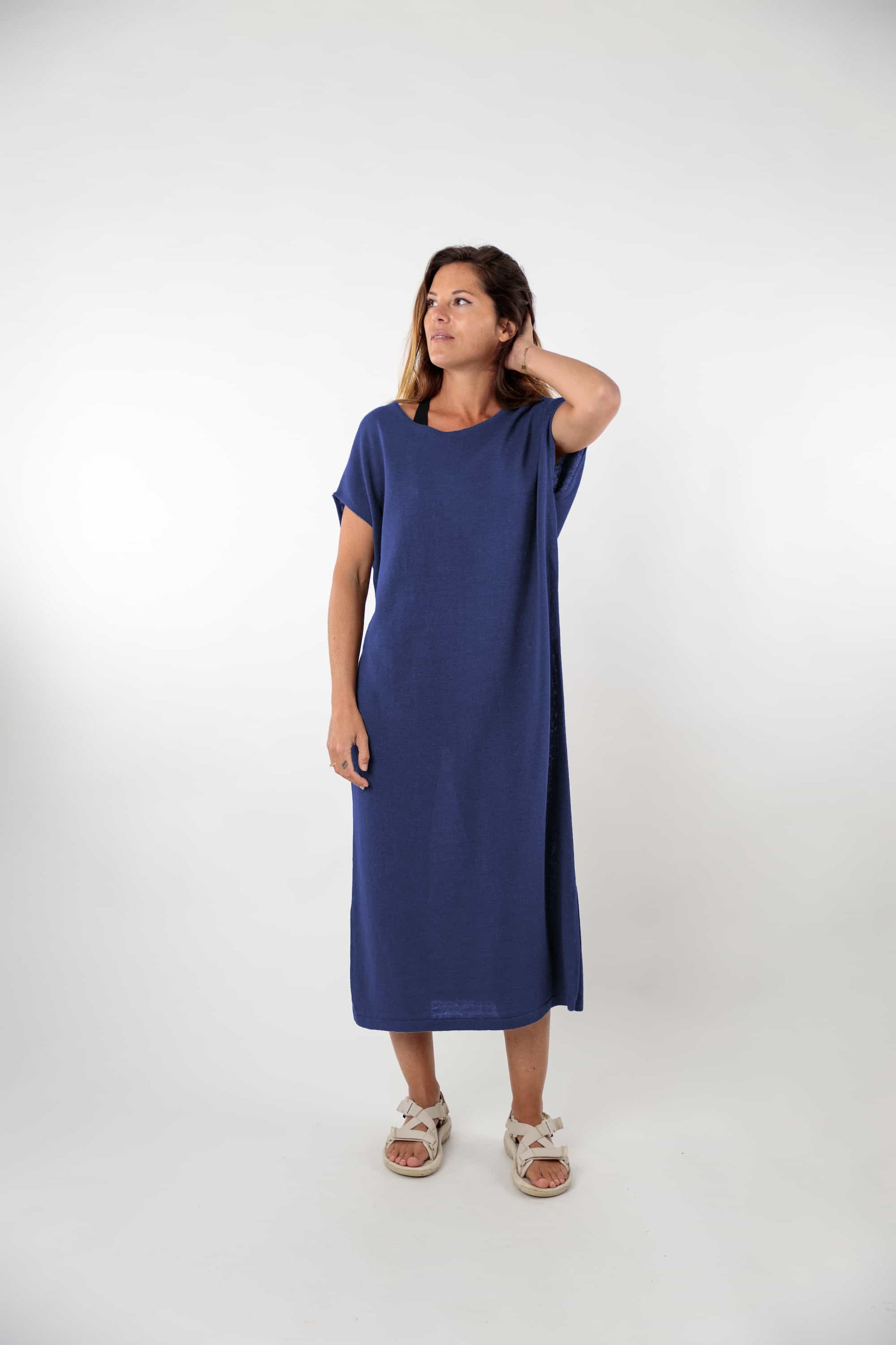 Robe ample col rond lin/coton