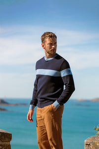 Pull marin Nao marine bleu grisé boutons bronze rayure contrastée laine mérinos Royal Mer