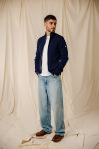 Blouson zippé Orson Marine Bleu Grisé homme, coudières contrastées 100 % laine mérinos Royal Mer
