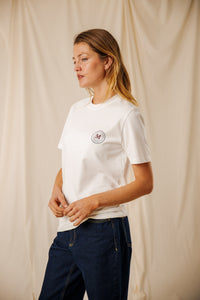 T-shirt Manifesto écru coton GOTS écusson manifeste sérigraphié dos homme femme Royal Mer